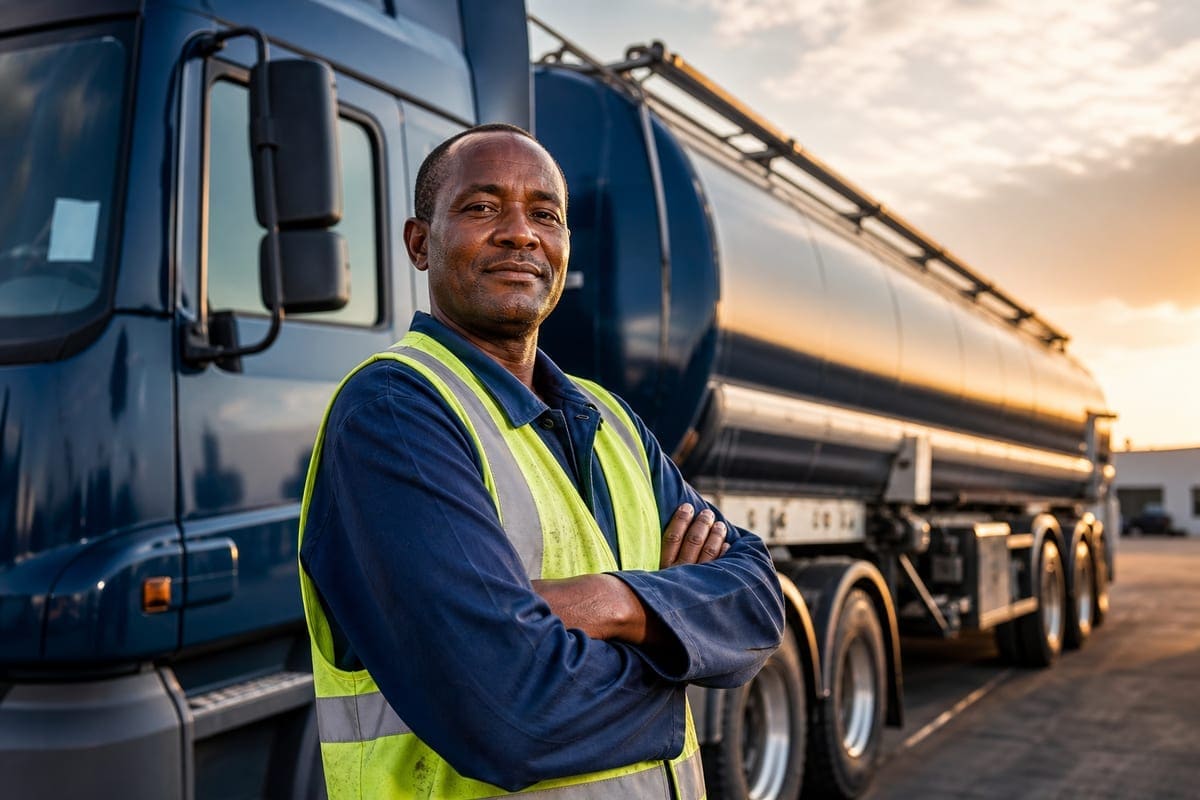 Experienced tanker driver in safety gear beside a fuel truck
